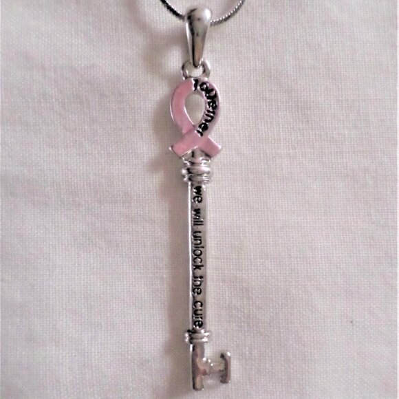 TOGETHER WE WILL UNLOCK THE CURE pink ribbon key necklace - Picture 1 of 3